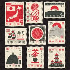 The Japanese Symbols Postage Stamp Fabric Panel Variation 1 is part of the Theme Of Japan Fabric Collection printed by Sewing Parts Online. Digitally Printed on 100% cotton. This panel is available in 6 different sizes: 4.5 Inches by 4.5 Inches 9 Inches by 9 Inches 18 Inches by 18 Inches 23 Inches by 23 Inches 36 Inches by 36 Inches 43 Inches by 43 Inches Sew Creative Fabrics prints are only available through Sewing Parts Online, not sold in stores or anywhere else online. * Proudly Manufactured in Dickson, Tennessee USA! * * Even though we do our best to make certain that the colors in our fabric photographs are accurate, please be aware that your display screen may show small variances in color, shade or hue  Our Digitally Printed Fabric At Sew Creative Fabrics, we take pride in our comm Post Stamps Vintage, Postage Stamp Ideas, Japanese Stamps Vintage, Japanese Stamp Design, Stamp Collage Art, Japanese Stamp Logo, Japanese Postage Stamps, Post Stamp Art, Postal Stamps Design