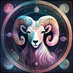 a painting of a ram in a circle with stars and planets around it on a black background