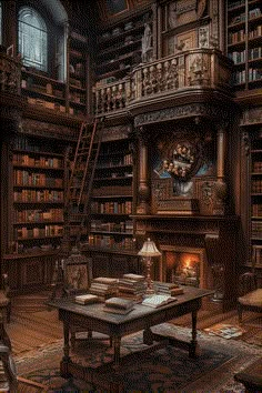 an old library filled with lots of books next to a fire place and ladders