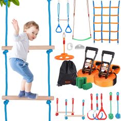 a young boy standing on top of a wooden shelf next to various toys and accessories