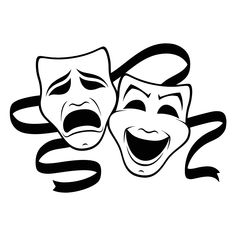 two theatrical masks with mouths open and eyes closed, black and white illustration on a white background