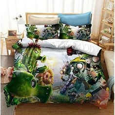 an image of a bed with plants and animals on it's cover set in a room