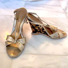 Gold Nicole Miller Wedges With Tortoise Detail. Lovingly Worn With Brand New Heel Caps Inserted By Professional Shoe Detailer. Professional Shoes, Aesthetic Shoes, Heel Caps, Nicole Miller, Dream Wardrobe, Tortoise, Me Too Shoes, Period, Shoes Heels