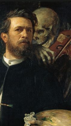 a painting of a man with a violin in his hand next to a skeleton holding a paintbrush