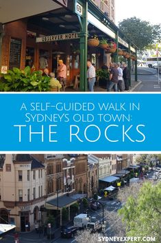 people are walking on the sidewalk in sydney's old town, with text overlay