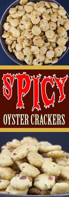 two pictures with different types of crackers in them and the words spicy oyster crackers