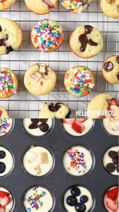 an assortment of cupcakes and muffins on a cooling rack