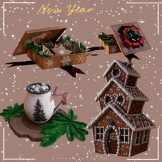 a christmas card with gingerbread houses, a cup of hot chocolate and an ornament