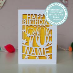 a birthday card with the words'happy 70th'printed on it and an image of a cake