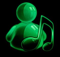 a green person with musical notes in the background