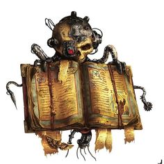 an open book shaped like a creature with lots of wires and gears attached to it