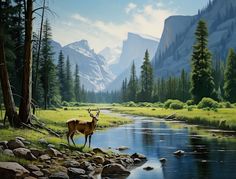 a painting of a deer by a river