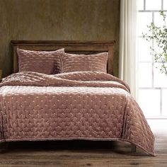 Stella Faux Silk Velvet Quilt Set in Dusty Rose Color from HiEnd Accents Oversized Throw Blanket, Ruffle Pillow, Silk Velvet Fabric, Velvet Quilt, Velvet Bed, King Quilt, Quilt Set, Rustic Bedroom, Queen Quilt