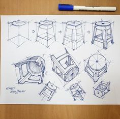 sketches of stools and tables are shown on a piece of paper