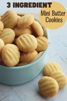 three ingredient mini butter cookies in a blue bowl on a white table with text overlay