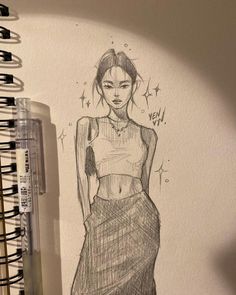 a pencil drawing of a woman in a skirt