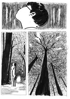 a black and white drawing of a person walking in the woods next to a tree