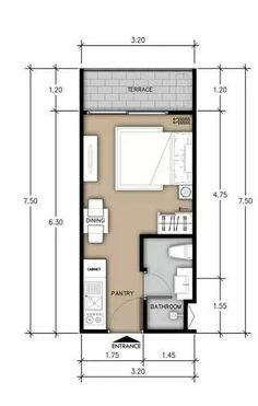 the floor plan for a small apartment with one bedroom and an attached bathroom, which is also