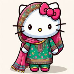 a hello kitty dressed up in a green and pink outfit with flowers on it's head