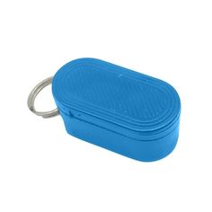 a blue plastic container with a metal keychain hanging from it's side