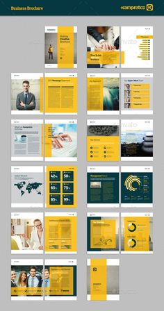 a bunch of yellow and green brochures with different images on them - miscellaneous business