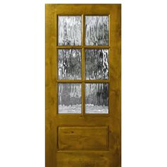 a wooden door with frosted glass on it