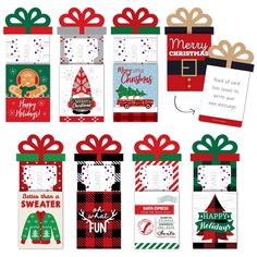 Assorted Red and Green Holiday Enclosure Cards INCLUDES 8 Christmas Party money and gift card holder cards and 8 premium white envelopes. Assorted Red and Green Holiday - Christmas money and gift card holders SIZE is 5 inches x 7 inches folded and 11 inches x 7 inches open. The included envelopes measure 5 inches x 7 inches. The tab on the top flap easily inserts into the slot on the bottom flap to close the money holder card. Cheerful Holiday Enclosure Cards hold both paper money and gift cards Christmas Money Cards, Money Holders Card, Holiday Gift Card Holders, Holiday Money, Christmas Party Themes, Gift Card Holders, Holiday Gift Card, Christmas Money, Money Holder