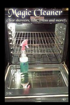 the oven door is open and there is a cleaning solution in it