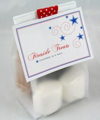 white marshmallows in a clear plastic bag with red, white and blue ribbon