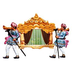 two figurines are standing in front of a mirror with musical instruments on it