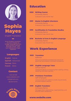 a purple and orange resume with the words,'english experience'written on it