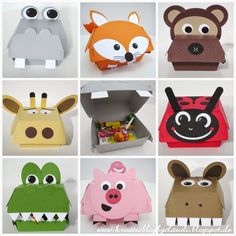 an assortment of animal boxes with eyes and mouths