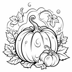 a black and white drawing of a pumpkin surrounded by leaves