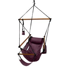 a purple hammock chair hanging from a wooden frame