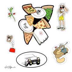 an image of various stickers that include pizza and other things in the shape of a star