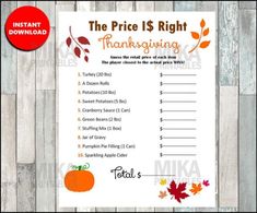 the price is right for thanksgiving printable