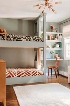 a bedroom with two bunk beds and a rug in front of the bed is an area rug that has been placed on the floor