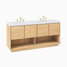 two sinks are shown on the side of a cabinet that is made out of wood and white marble