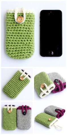 crocheted cell phone cases are shown in four different colors and sizes, including one with