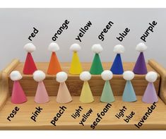 a wooden tray with different colored cones and balls on it, all labeled in the same language