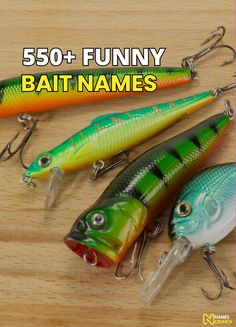 three different types of fishing lures sitting on top of a wooden table with text overlay