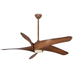 a wooden ceiling fan with two blades on it's blades and one light fixture