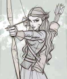 a drawing of a girl with long hair holding a bow and arrow in her hand