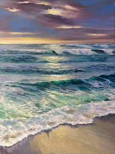 an oil painting of waves crashing on the beach