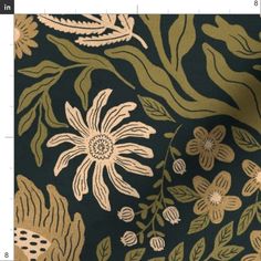 an image of a flower and leaves pattern on black fabric with gold foiling in the center