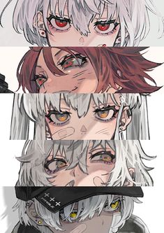 three different anime characters with white hair and red eyes, one in the middle is staring at