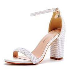 Details: Heel Height: 7.5cm; 9.5cm Upper Material: PU Outsole Material: Rubber Toe: Fish Mouth Occasion: Wedding Sandals For Wedding, Pearls Fashion, Heels Wedding Shoes, Ivory Heels, Trendy Heels, Lace Sandals, Heels Wedding, Designer High Heels, Ankle Strap High Heels