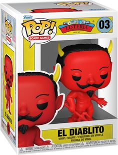 the pop vinyl figurine is red and has horns on it's head