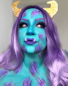 Disney Character Halloween Makeup, Disney Halloween Makeup Looks, Disney Makeup Halloween, Megamind Makeup, Sully Makeup, Blue Hair Costume Ideas, Blue Hair Halloween Costumes Ideas, Disney Character Makeup Looks, Halloween Character Makeup