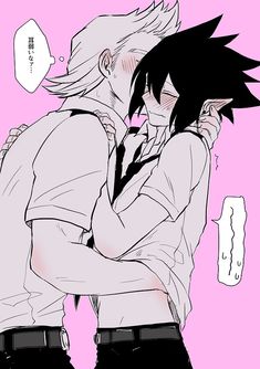 a drawing of a man with black hair hugging another man's face in front of a pink background